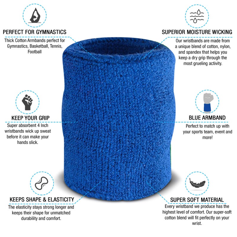 Suddora Arm Sweatbands, Absorbent and Breathable Thick Cotton Bands for Working Out, Gymnastics, Basketball, Tennis, and Football, Multiuse 4-inch Wristbands for Costumes and Cosplay, Blue - Image 2
